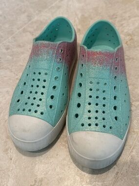 Native Shoes Kids Glitter Aqua and Pink Slip-Ons size 1